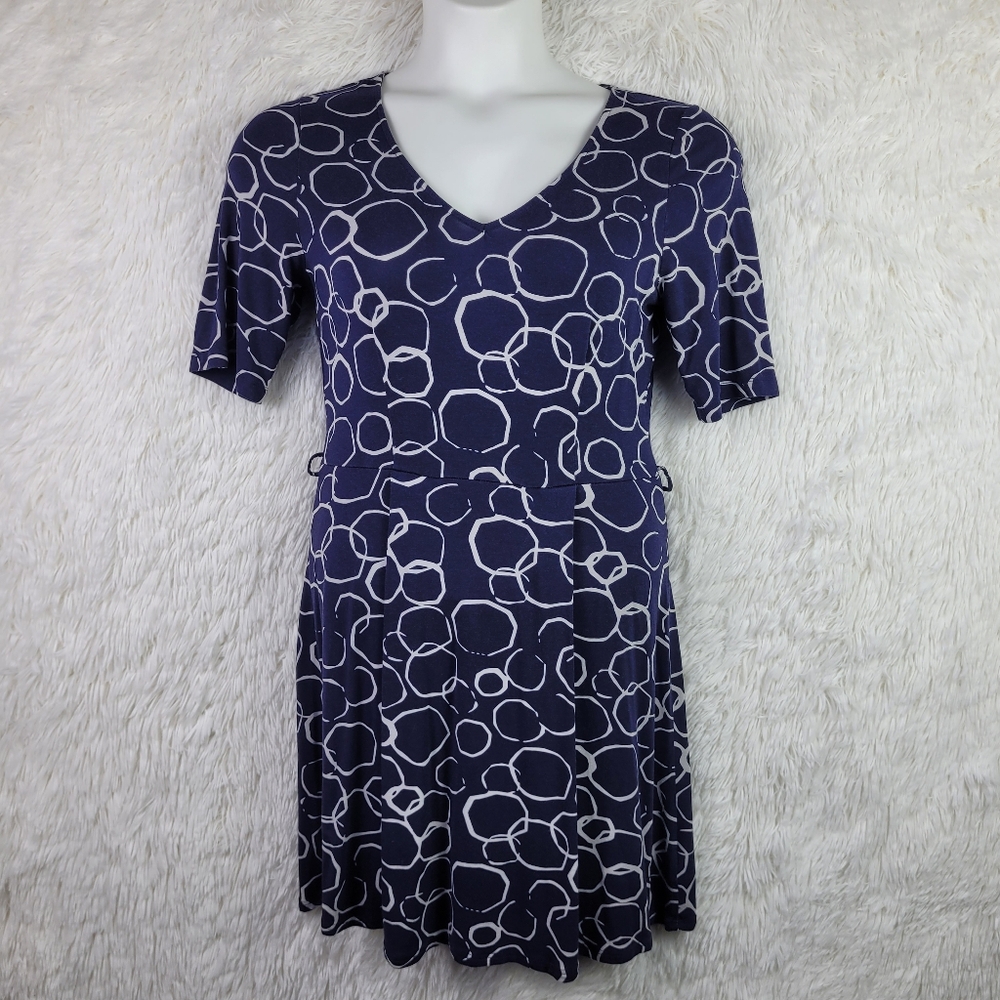 La Fee Maraboutee M Navy Blue Geometric Knee Length V Neck Short Sleeve Dress‎
